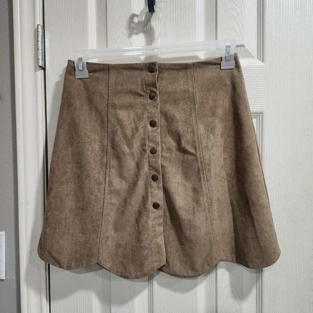 Blue Rain Faux Suede Skirt Small Brown A-Line Scalloped Hem Button Front